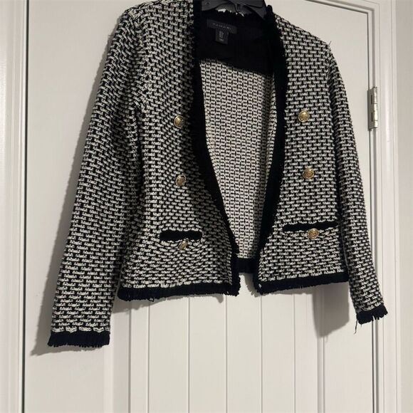 Tahari Women's Black Knit Cardigan Jacket M Open Front Gold Buttons - Picture 1 of 4
